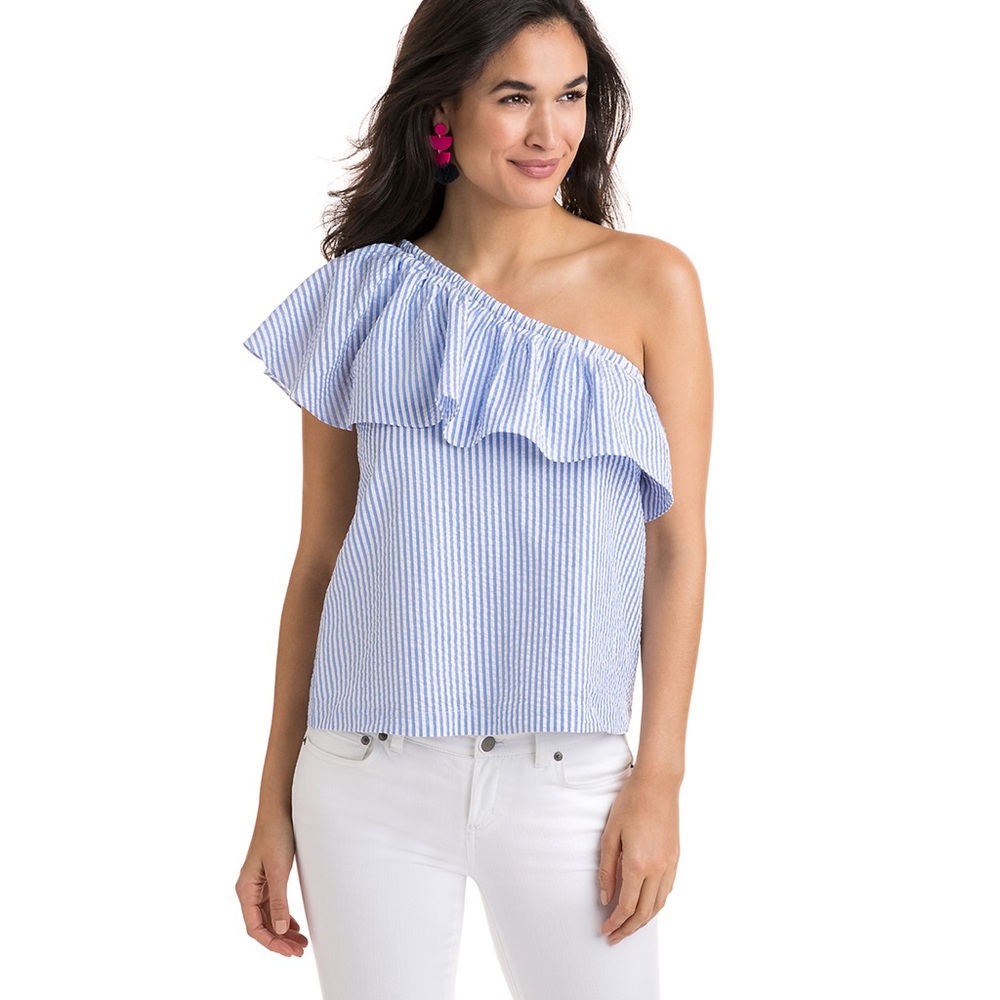 Vineyard Vines Seersucker One-Shoulder Top - Blue